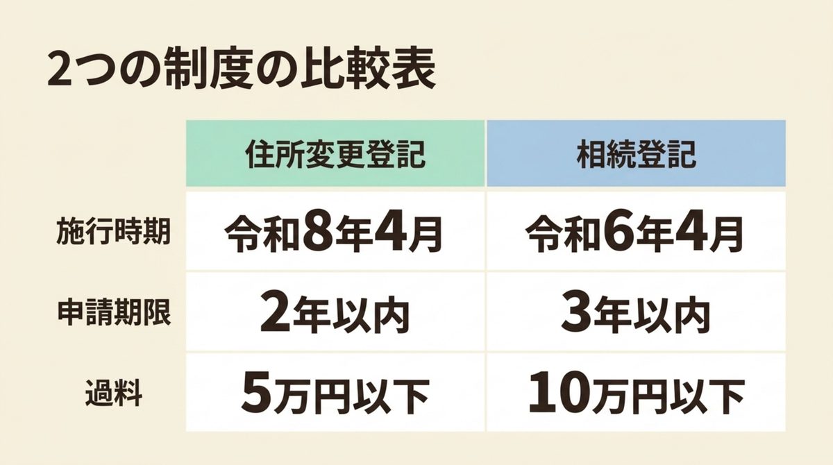 宅建試験の相続登記義務化と住所変更登記義務化の施行時期と過料の違いを比較した図解