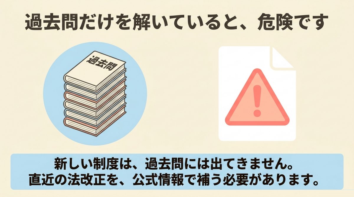 宅建試験で過去問だけを解いていると新しい法改正の論点に対応できず危険であることを示す図解