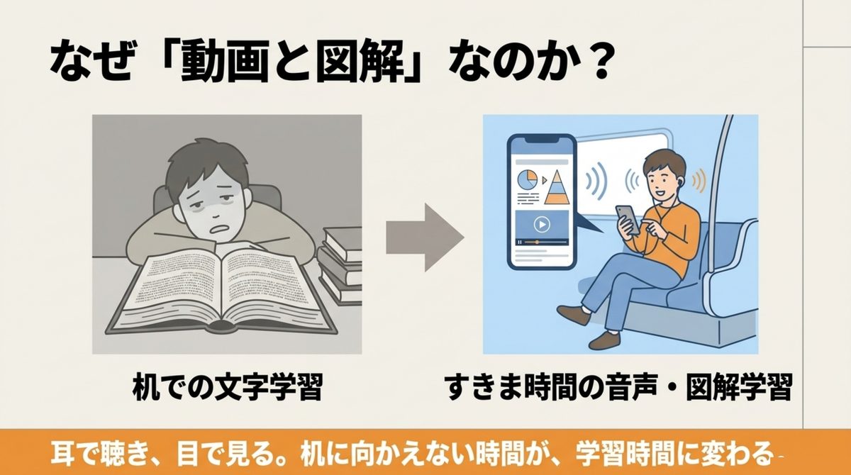 机での文字学習とすきま時間の音声・図解学習を比較したイラスト