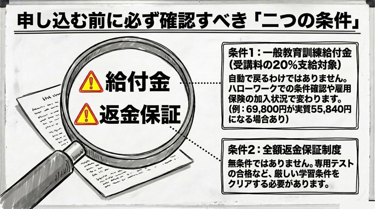 フォーサイト宅建の給付金と返金保証の条件確認 フォーサイト宅建の教育訓練給付金と全額返金保証は条件確認が必要だと示す図解
