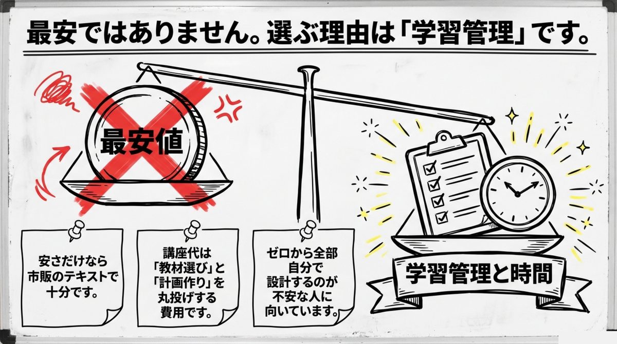 宅建講座は最安値ではなく学習管理で選ぶ 宅建講座は最安値ではなく学習管理と時間の負担を減らすために選ぶ図解