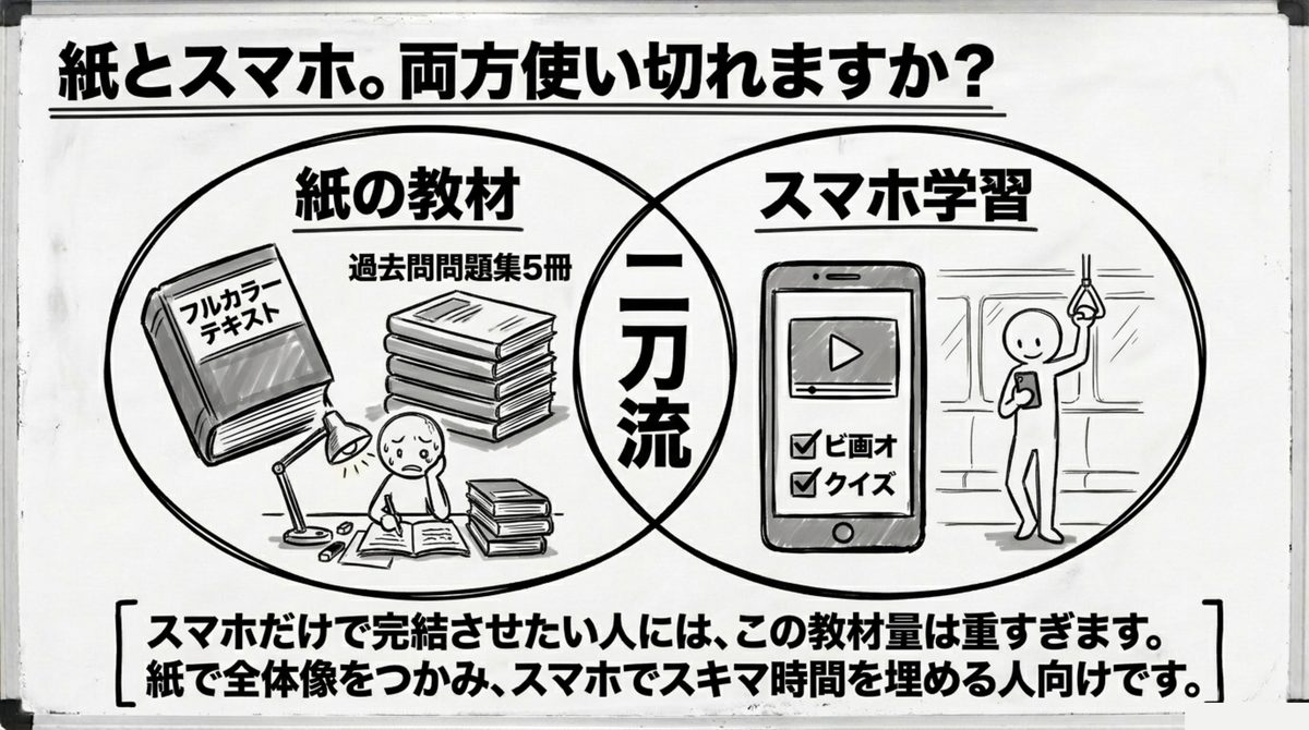 フォーサイト宅建は紙教材とスマホ学習を併用する講座 フォーサイト宅建の紙教材とスマホ学習を両方使える人に向く教材構成の図解