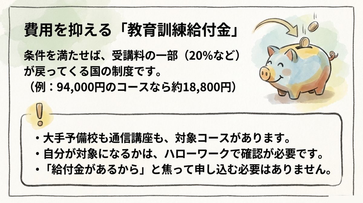 教育訓練給付金制度で受講料の一部が戻る仕組みを示す図