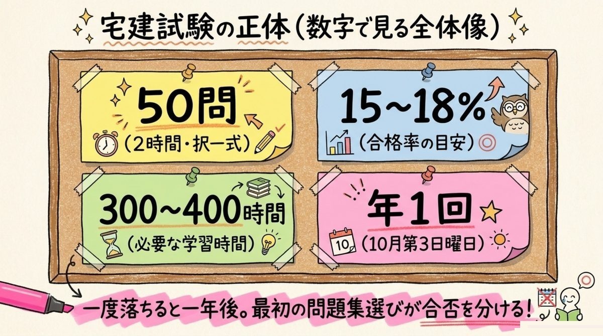 宅建試験の全体像と問題集選びの前提 宅建試験の50問2時間・合格率15から18パーセント・学習時間300から400時間を整理した図解