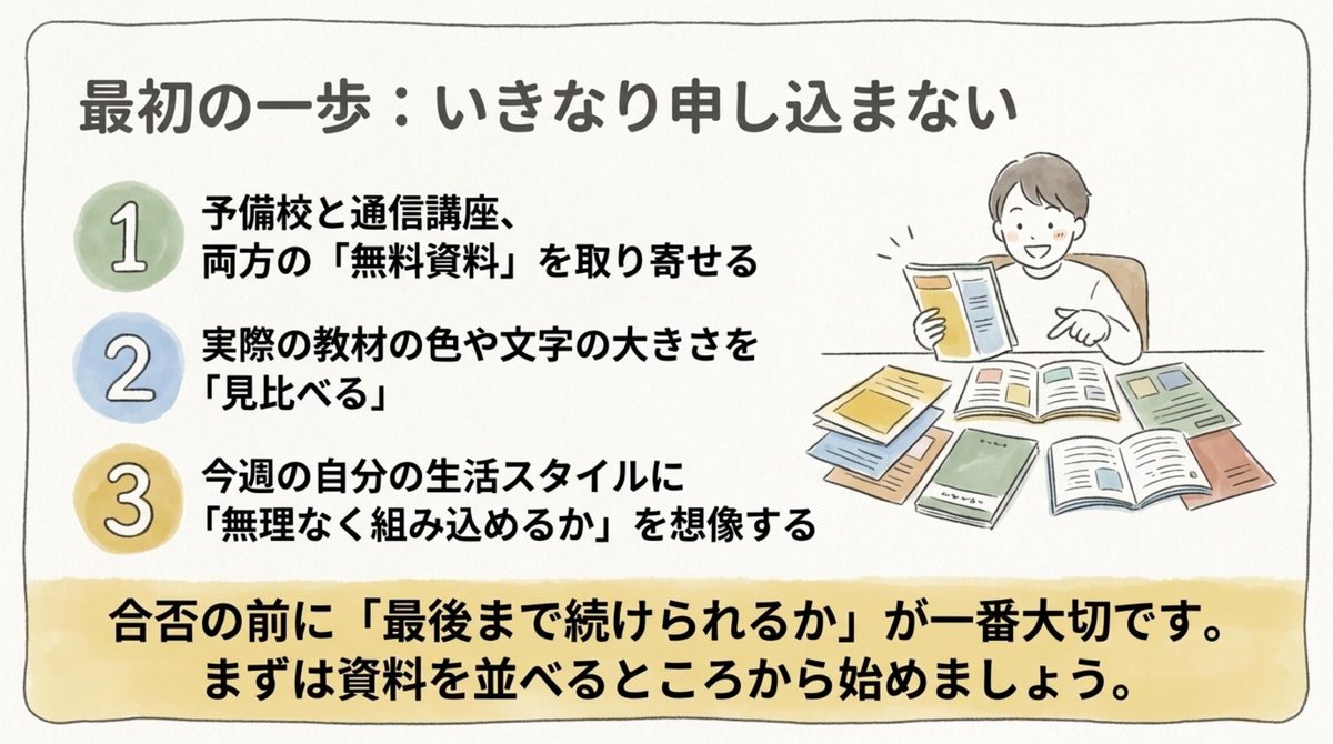 いきなり申し込まず、予備校と通信講座の無料資料を取り寄せて比較する3ステップを示す図