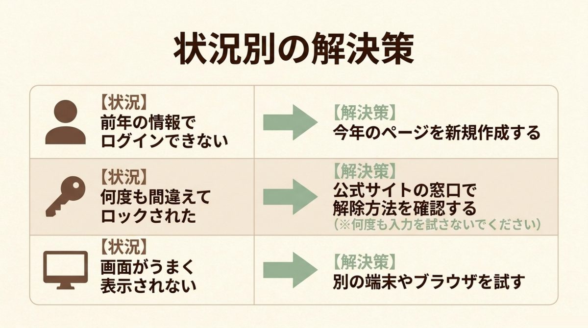 宅建マイページで前年情報のログイン不可・ロック・画面表示の状況別解決策を示す図解
