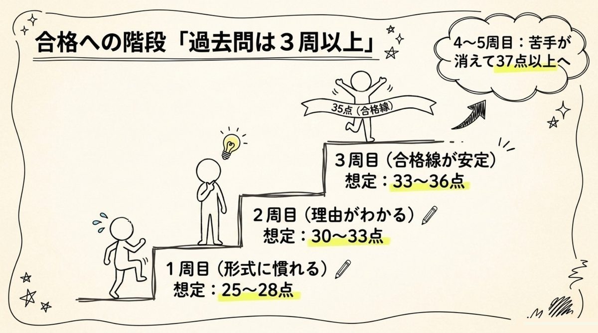 宅建過去問3周以上の点数目安 宅建の過去問を3周以上回したときの点数推移と合格ラインの目安
