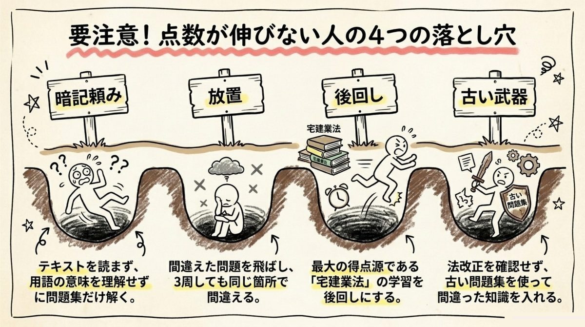 宅建問題集で点数が伸びない4つの落とし穴 宅建の点数が伸びない人に多い暗記頼み・放置・後回し・古い問題集の4つの落とし穴