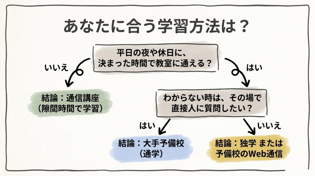 決まった時間に教室へ通えるか、その場で質問したいかを軸にした学習方法の判断フローチャート