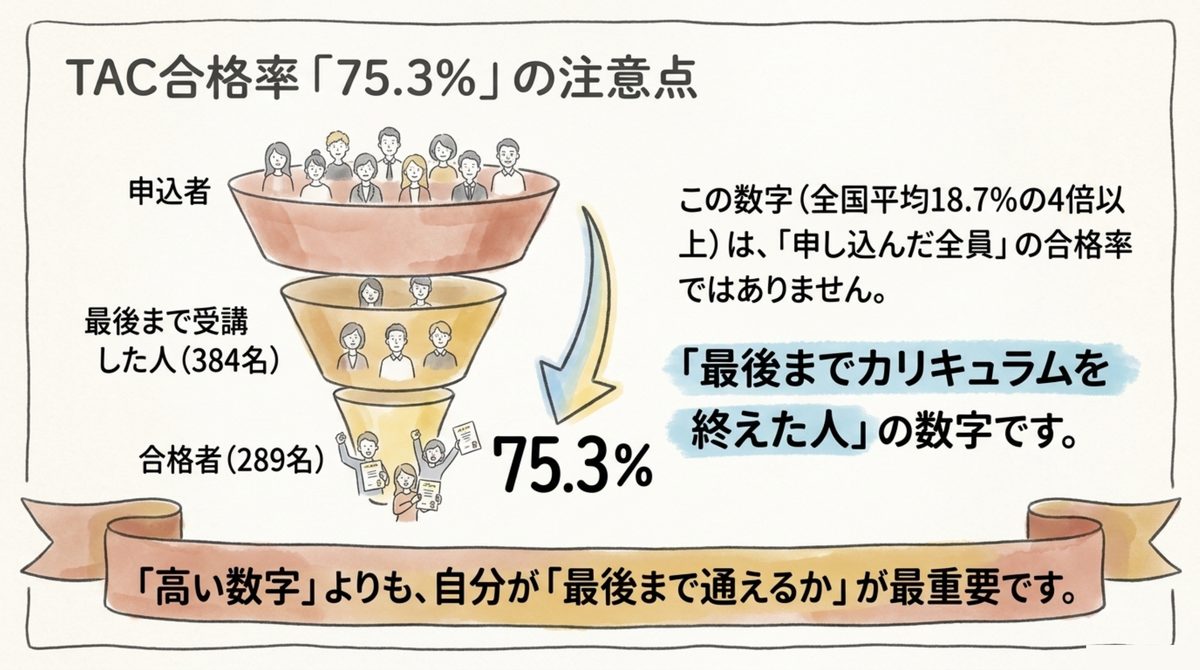 TACの合格率75.3%が申込者ではなく修了者384名中289名の数字であることを示すファネル図