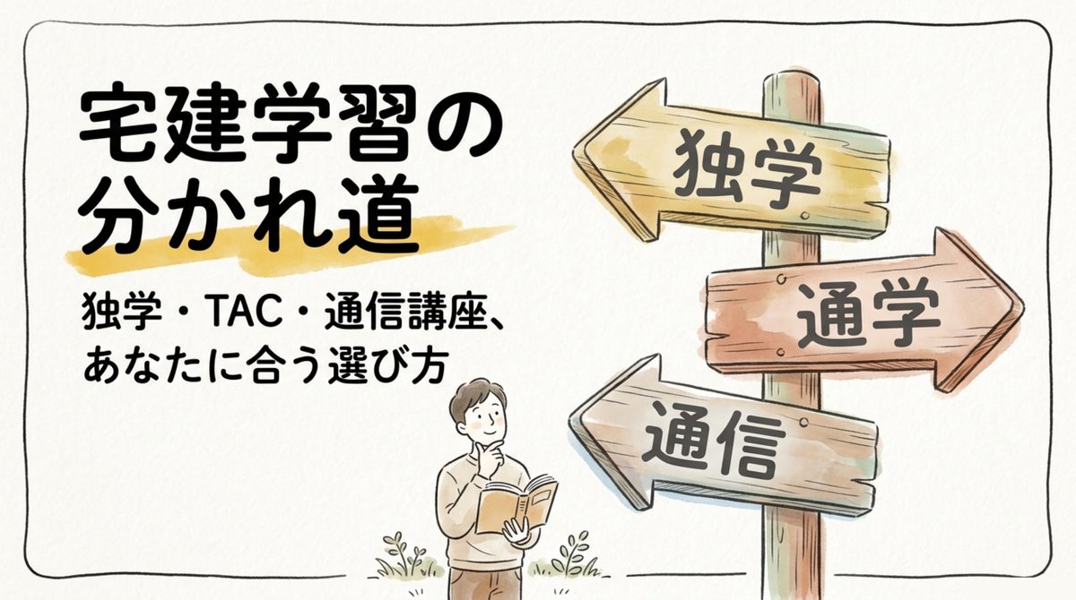 宅建学習の分かれ道、独学・TAC・通信講座のどれを選ぶか示す図