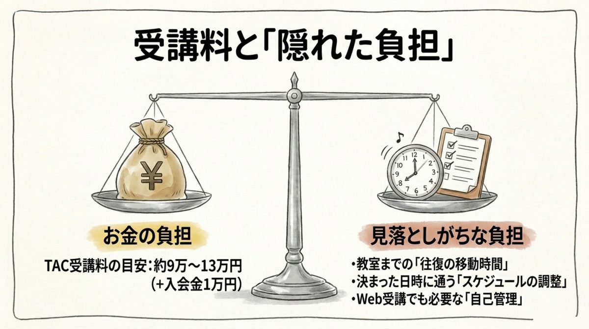 TAC受講料9万〜13万円と、移動時間・スケジュール調整・自己管理という見落としがちな負担を天秤で示す図