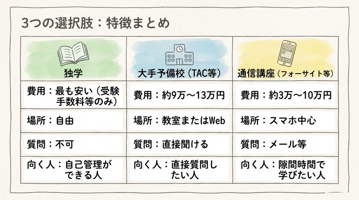 独学・大手予備校TAC・通信講座フォーサイト等の費用・場所・質問対応・向く人を比較した表