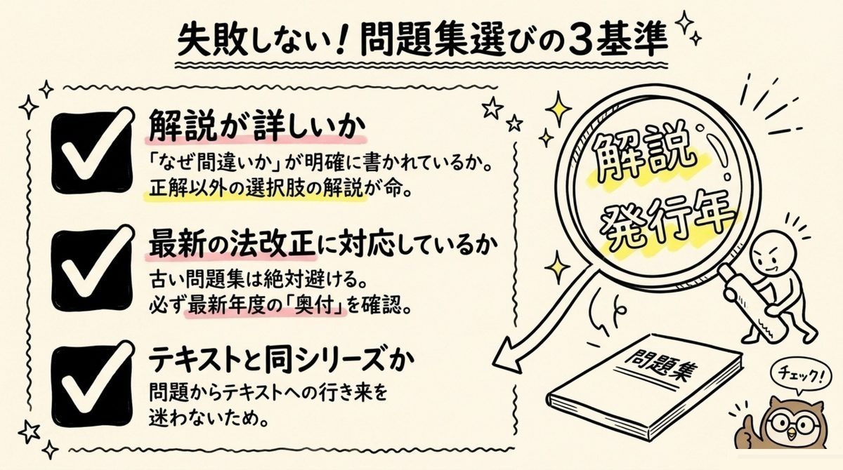 宅建問題集を選ぶ3つの基準 宅建問題集を選ぶ3つの基準として解説の詳しさ・法改正対応・テキスト同シリーズを確認する図解