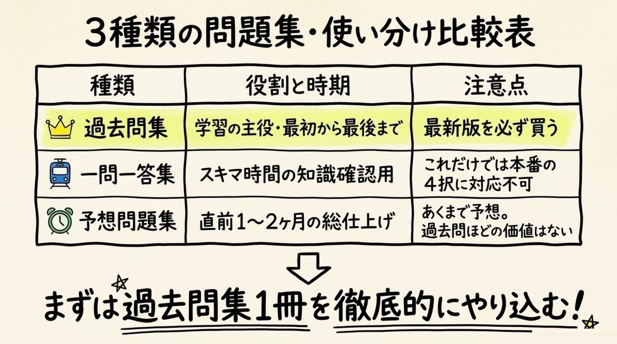宅建問題集3種類の使い分け 宅建の過去問集・一問一答集・予想問題集の役割と注意点を比較した表