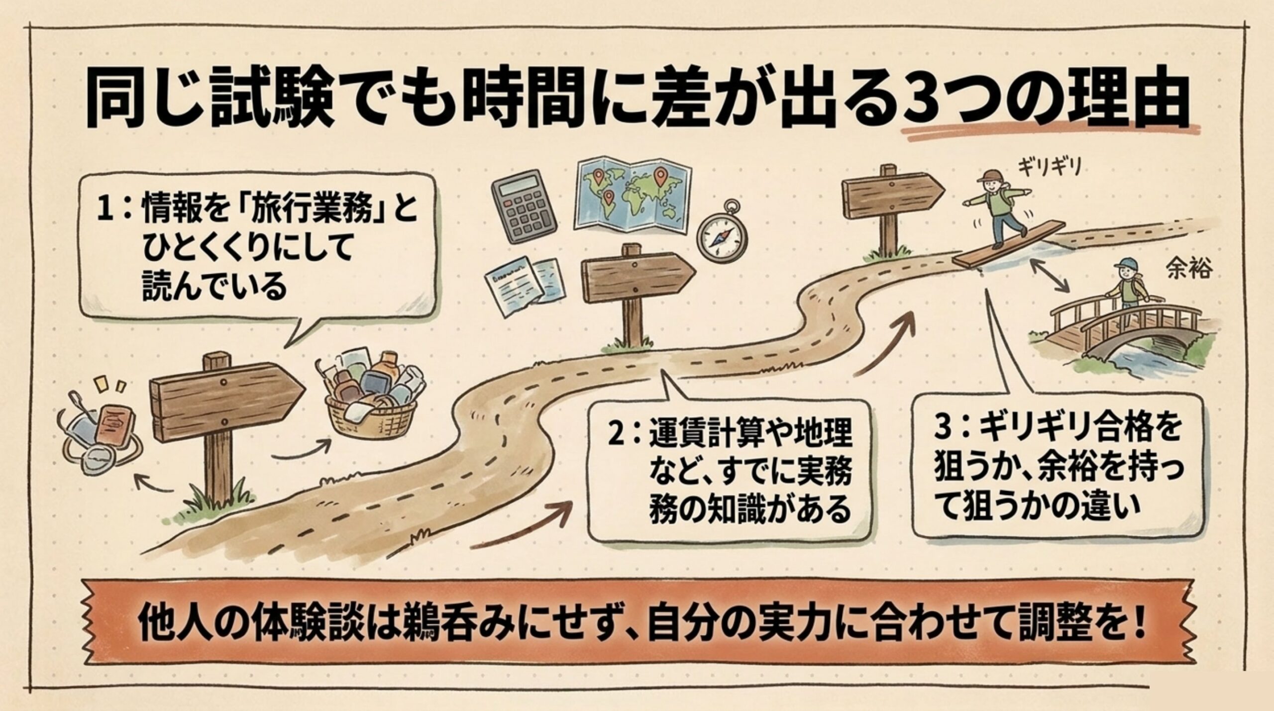 旅行業務取扱管理者の勉強時間に差が出る3つの理由を示した図解