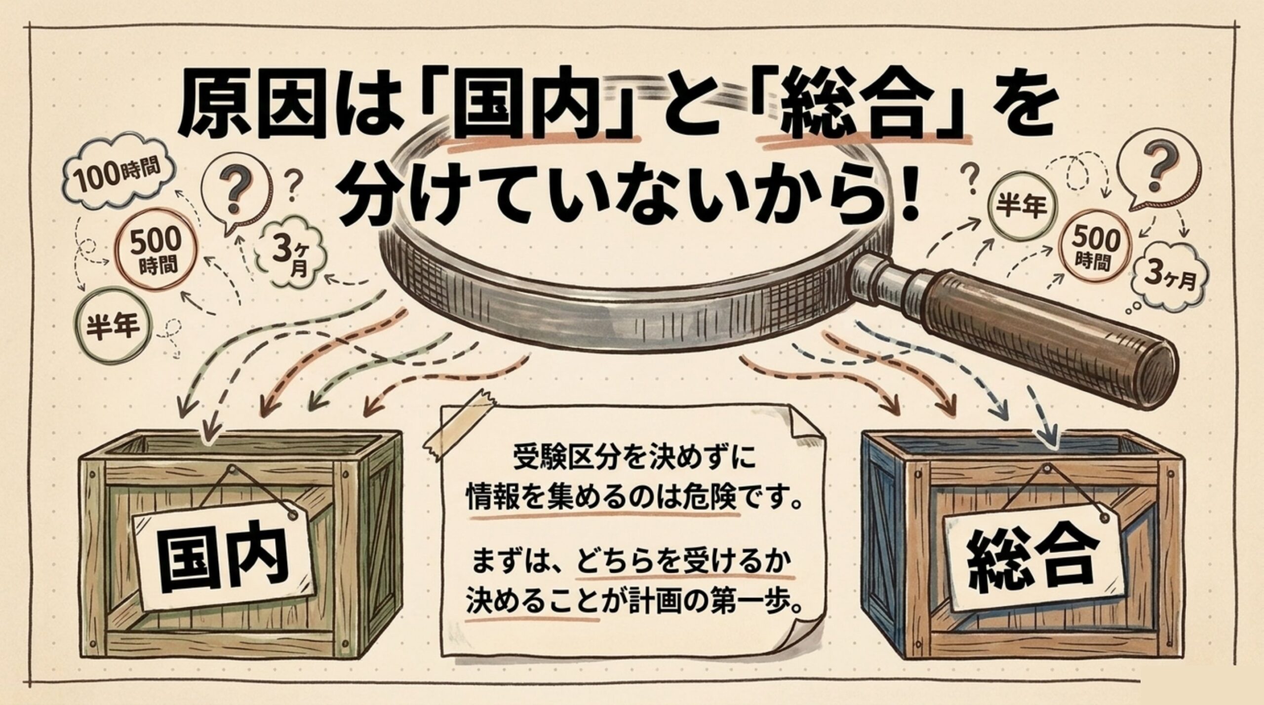 旅行業務取扱管理者の勉強時間に幅が出る原因が国内と総合を分けずに語っていることだと示す図解