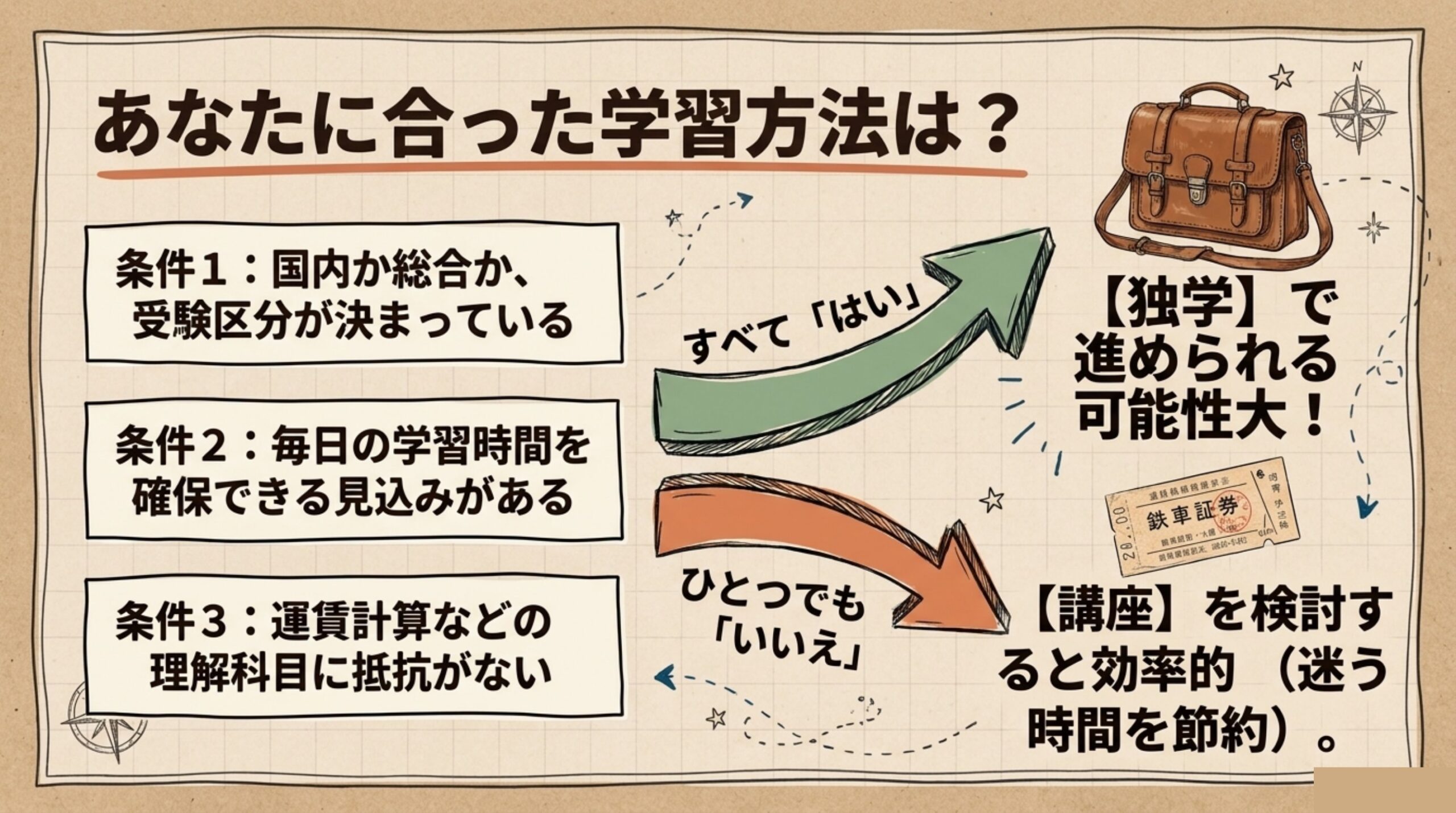 受験区分が決まっている・学習時間を確保できる・理解科目に抵抗がないという条件で独学か講座かを判断するフローチャート