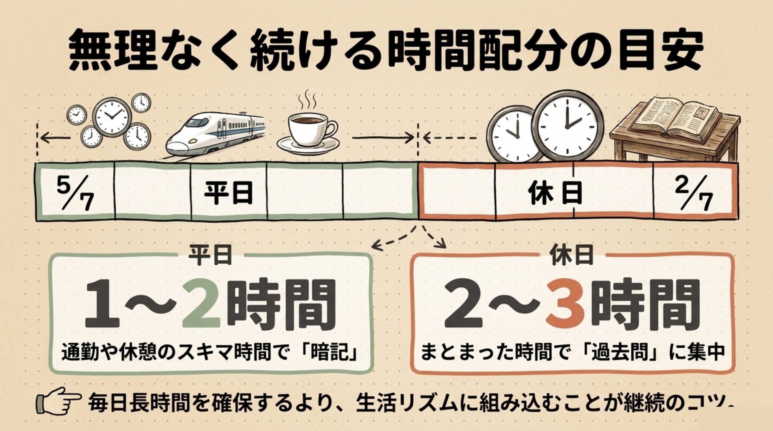 旅行業務取扱管理者の勉強時間を平日1〜2時間・休日2〜3時間で配分する無理のないモデル
