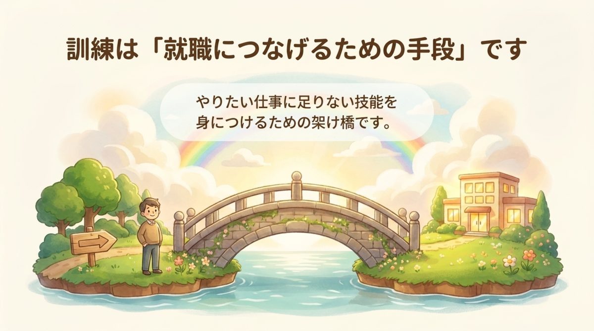 職業訓練はやりたい仕事に足りない技能を身につけ就職につなげる手段だと示す架け橋の図解
