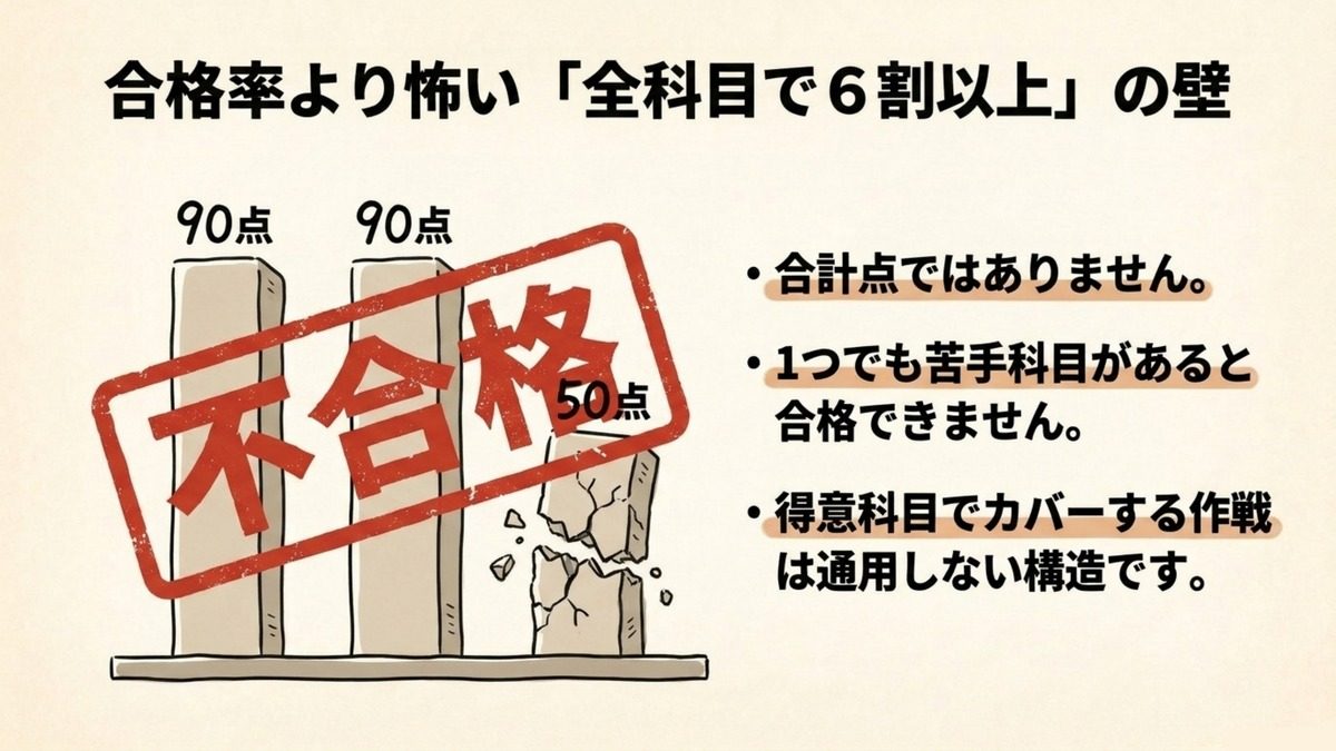 旅行業務取扱管理者は合計点ではなく各科目60点以上が必要で、1科目でも苦手があると合格できない構造を示した図解