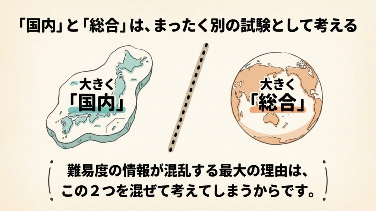 旅行業務取扱管理者の「国内」と「総合」はまったく別の試験として考えるべきことを示した図解