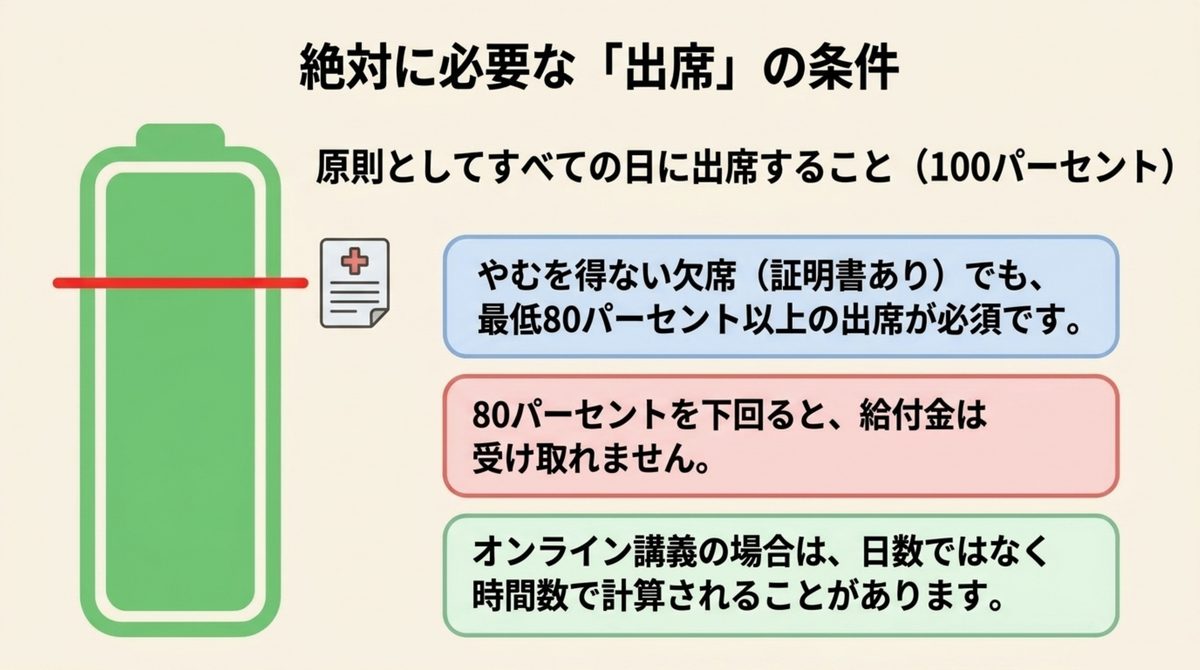 職業訓練受講給付金で求められる出席条件（原則100%・欠席があっても80%以上）を示した図解
