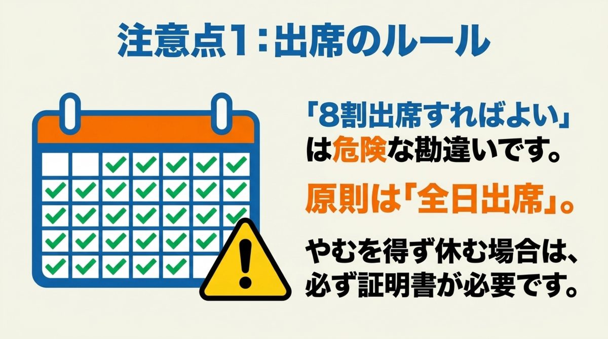 職業訓練受講給付金の出席ルールは8割出席すればよいわけではないことを示す図解