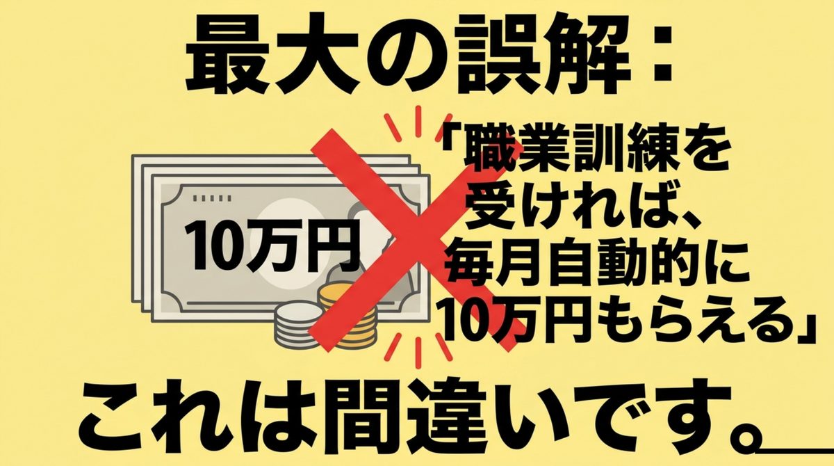 職業訓練を受ければ毎月自動的に10万円もらえるという誤解を示す図解