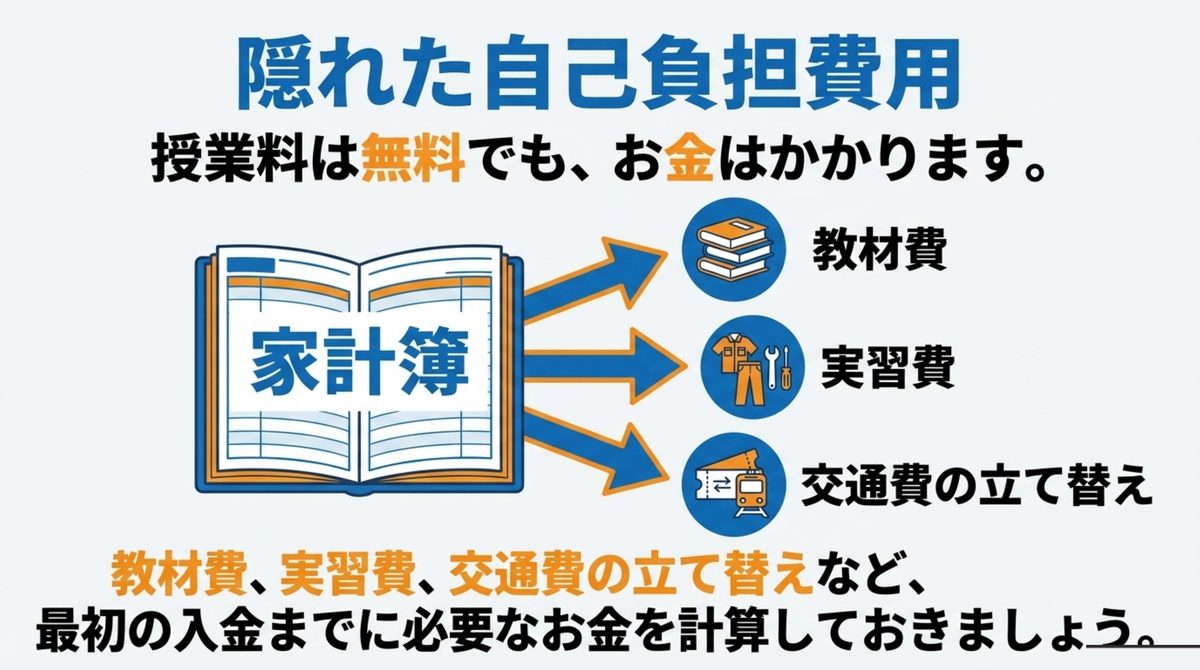 職業訓練は授業料が無料でも教材費・実習費・交通費の立て替えがかかることを示す図解