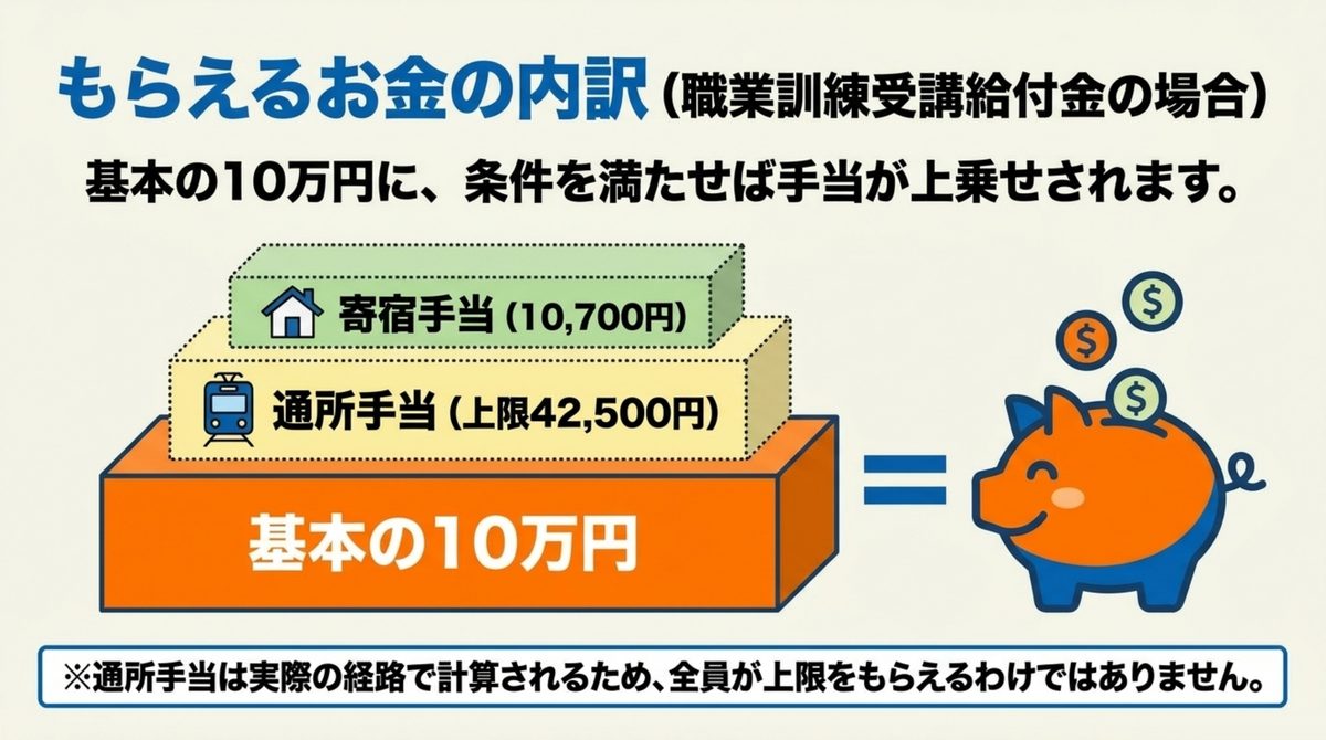 職業訓練受講給付金の内訳（職業訓練受講手当・通所手当・寄宿手当）を示す図解