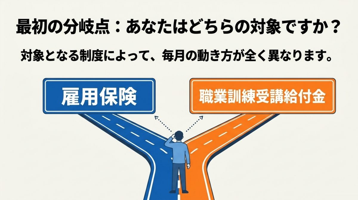 雇用保険と職業訓練受講給付金という2つの制度の分岐点を示す図解