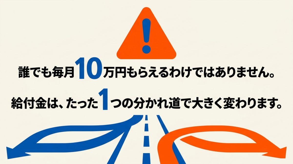 給付金は誰でも自動的にもらえるわけではなく1つの分かれ道で変わることを示す図解