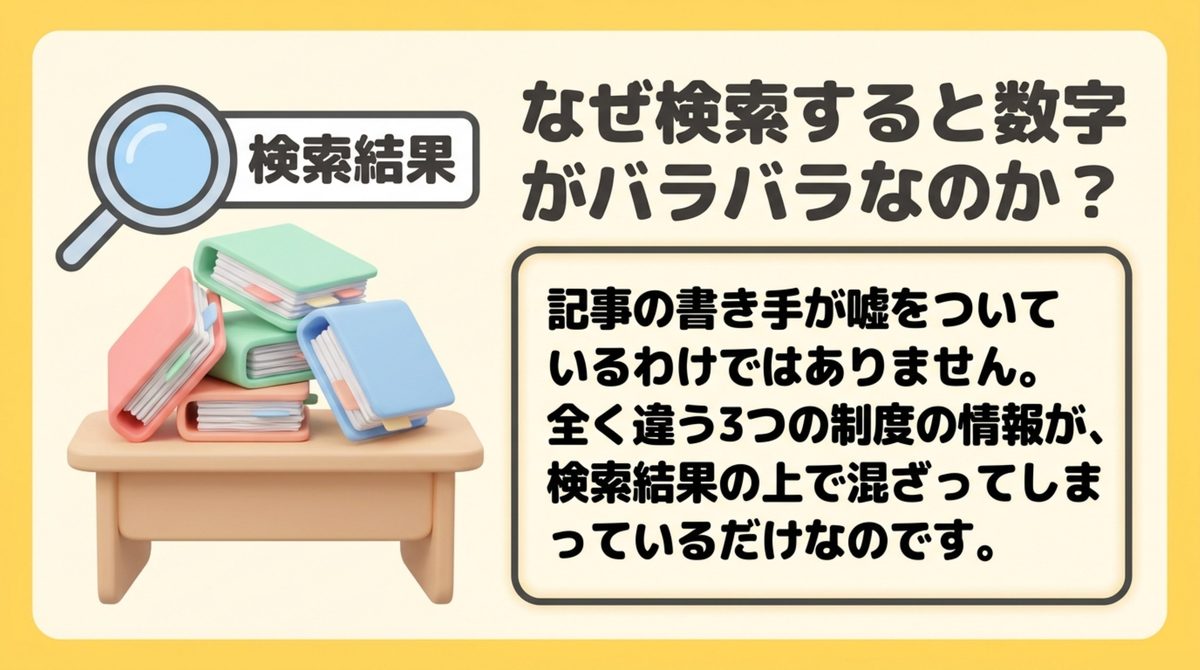 なぜ職業訓練の2回目を検索すると数字がバラバラなのか、3つの別制度の情報が混ざっていることを示す図