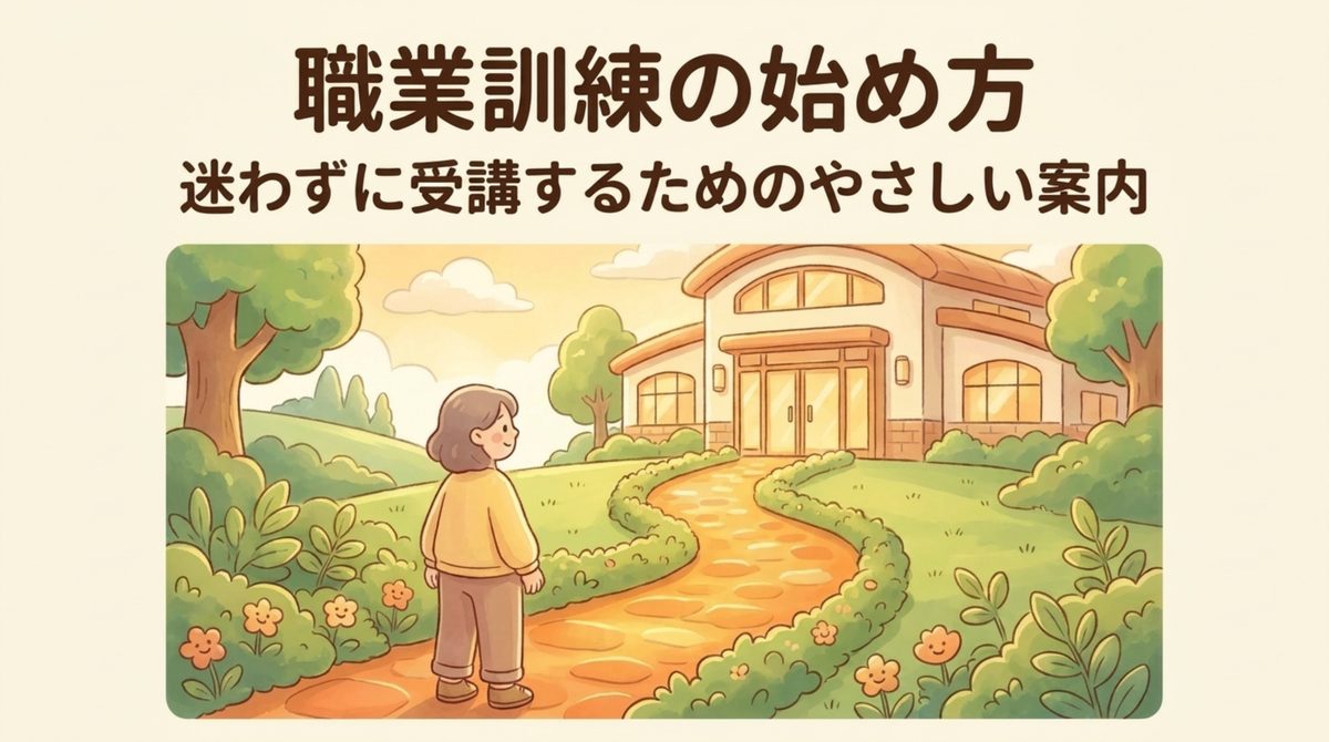 職業訓練の始め方を、相談から受講までやさしく案内するタイトル図解