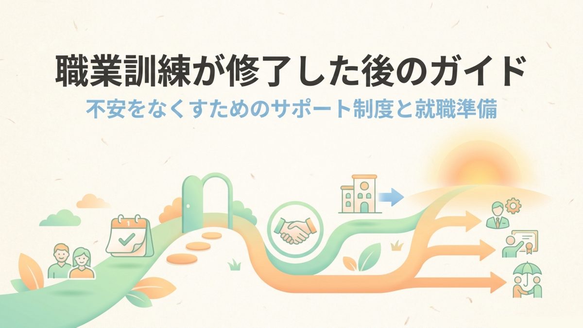 職業訓練が修了した後も支援が続くことを示すガイドのタイトル図