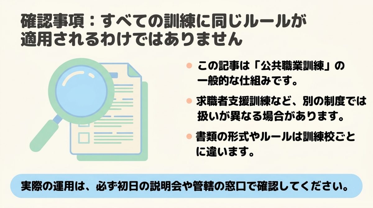すべての訓練に同じルールが適用されるわけではなく求職者支援訓練など別制度では扱いが異なることを示す図