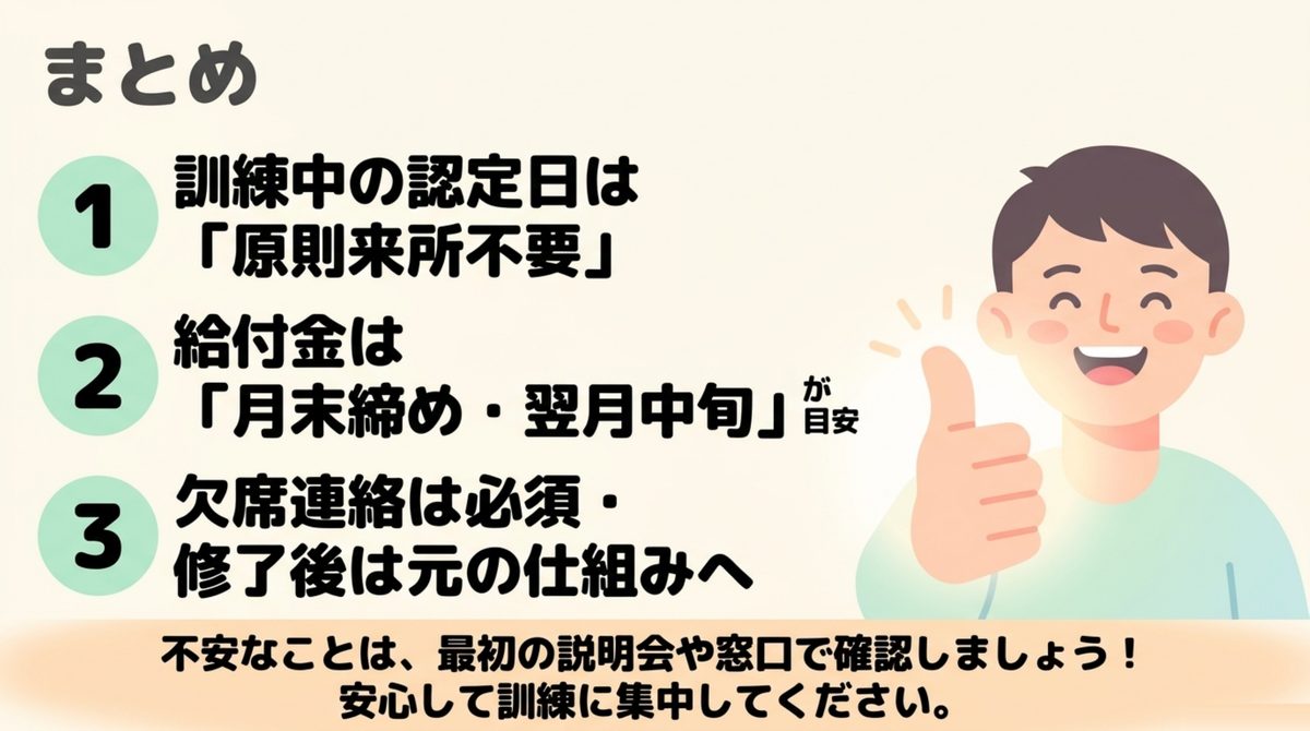 訓練中の認定日は原則来所不要・給付金は月末締め翌月中旬が目安・欠席連絡は必須で修了後は元の仕組みに戻るという3点のまとめ図