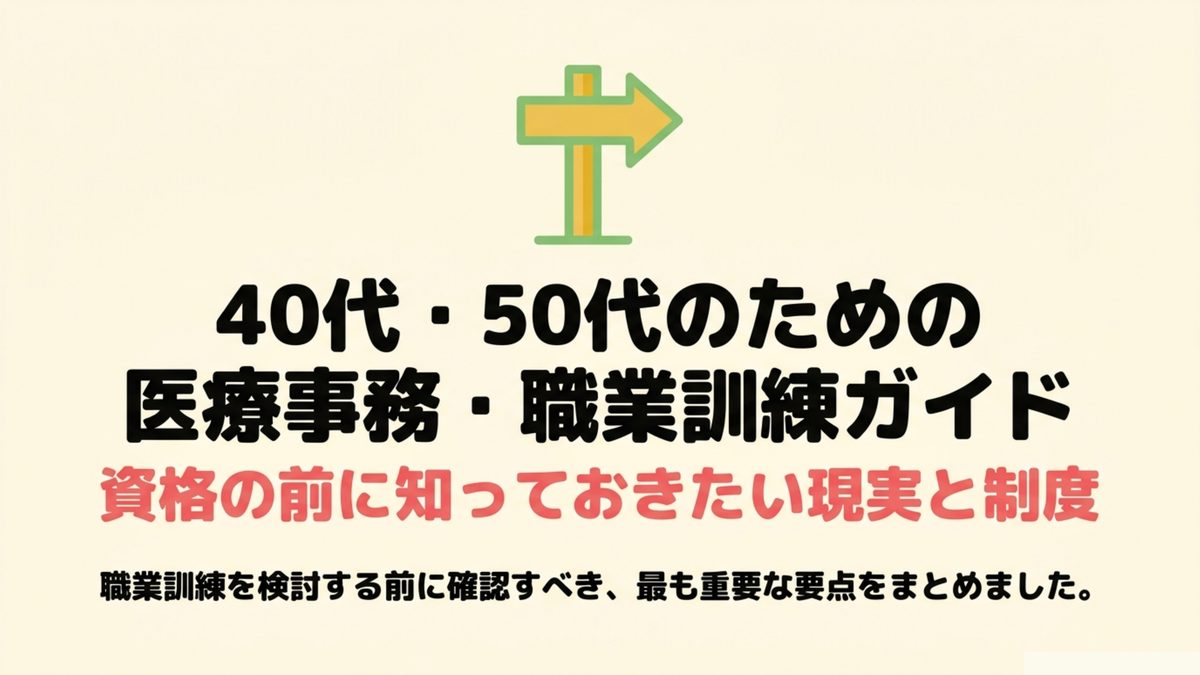40代・50代のための医療事務職業訓練ガイド資格の前に知っておきたい現実と制度を示すタイトル図
