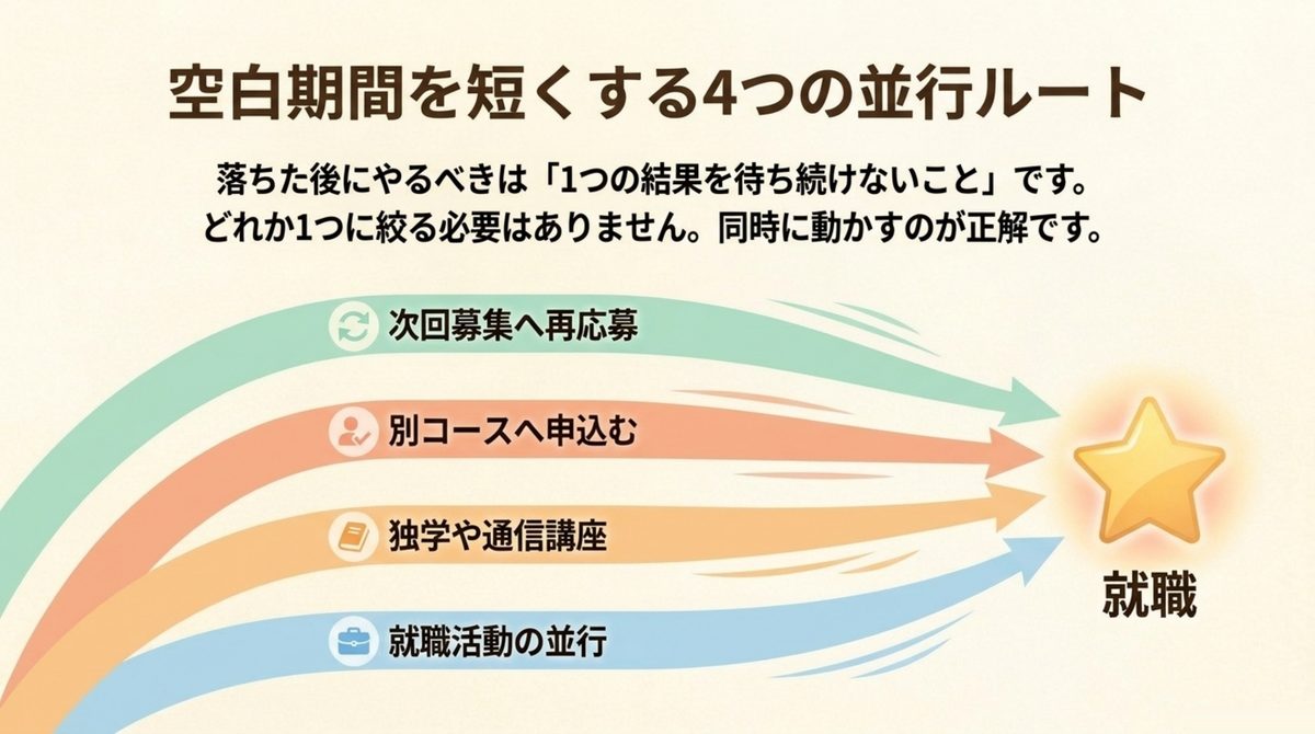 職業訓練に落ちた後、次回募集への再応募・別コース申込・独学や通信講座・就職活動の並行という4つのルートを図解した画像