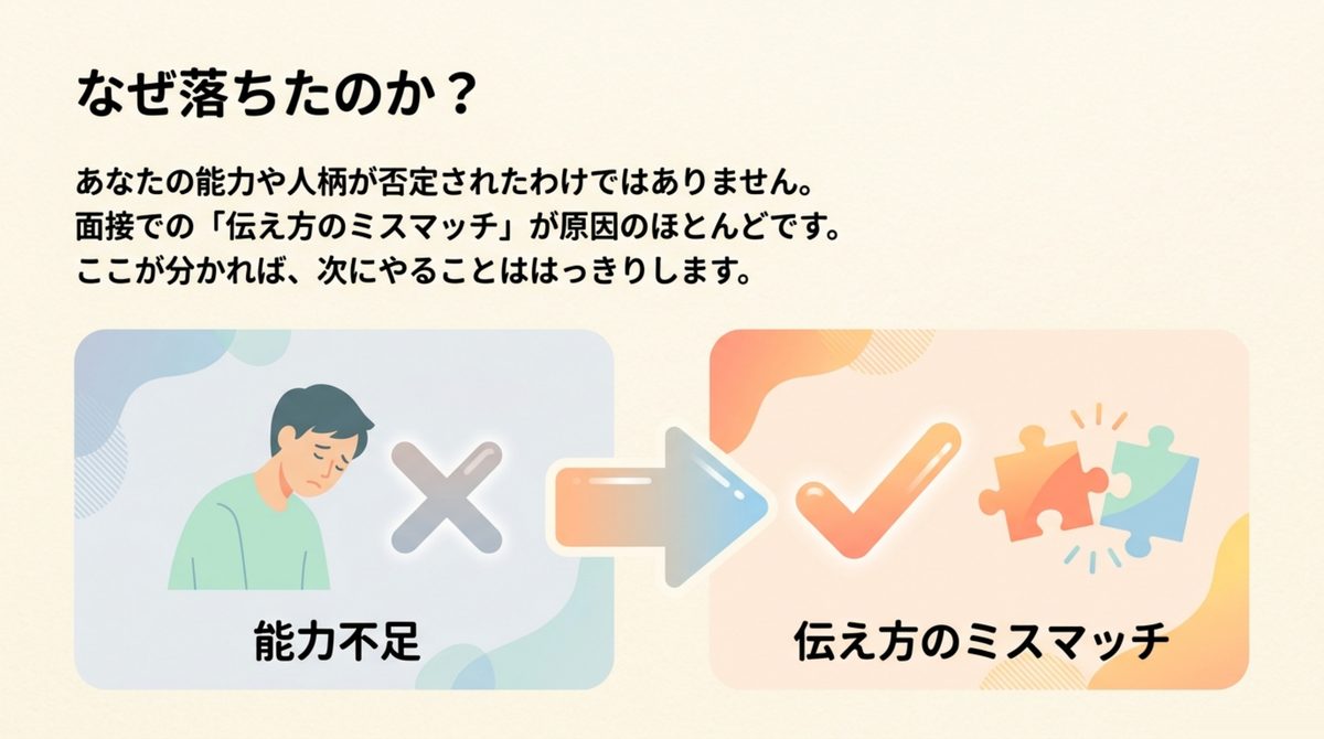 職業訓練の不合格は能力不足ではなく面接での伝え方のミスマッチが原因であることを示す図