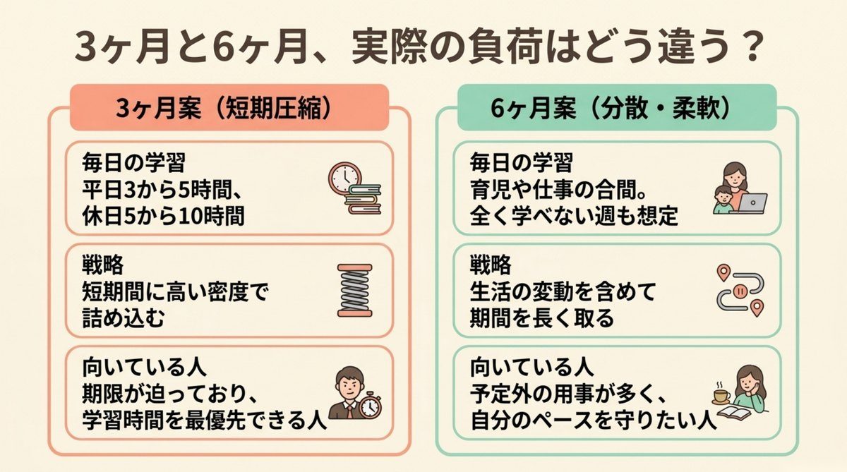 簿記2級の3ヶ月案と6ヶ月案の毎日の学習時間と向いている人の違いを並べた比較図