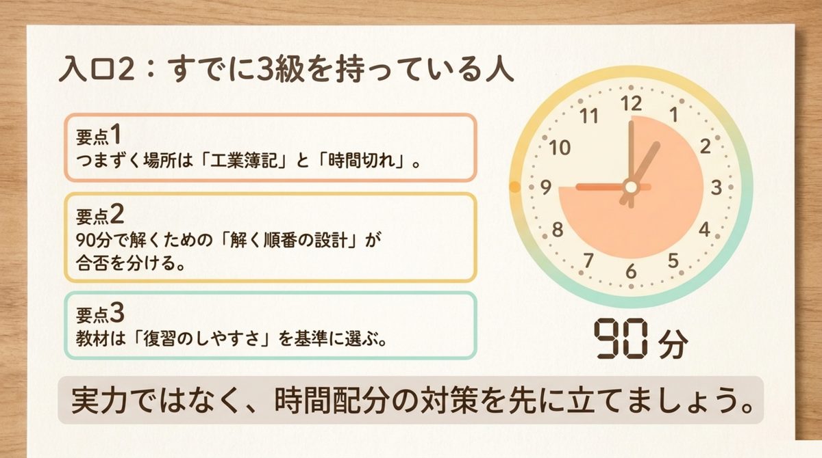 3級保有者がつまずく工業簿記と時間切れへの対策3要点を示した図解 3級保有者がつまずく工業簿記と時間切れへの対策3要点を示した図解
