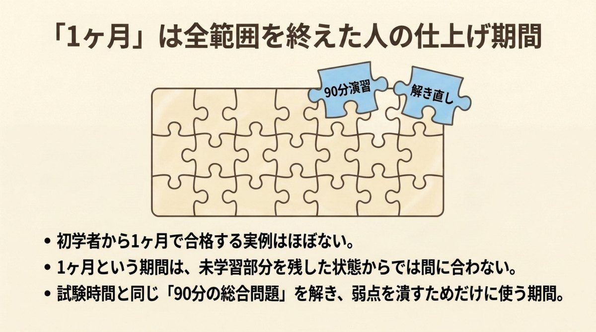 簿記2級の1ヶ月学習が全範囲を終えた人の仕上げ期間であることをパズルで示した図