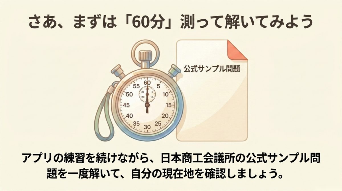 簿記3級はアプリの練習を続けながら60分を測って公式サンプル問題を解き自分の現在地を確認することを示すまとめ図解