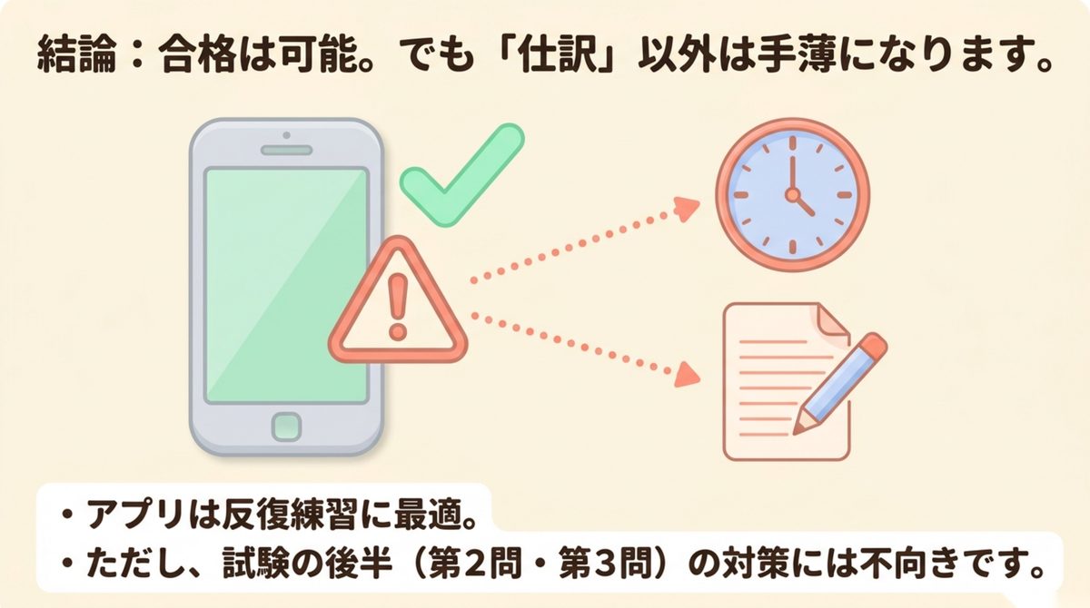 簿記3級はアプリだけでの合格は可能だが仕訳以外の範囲は手薄になりやすいという結論を示す図解