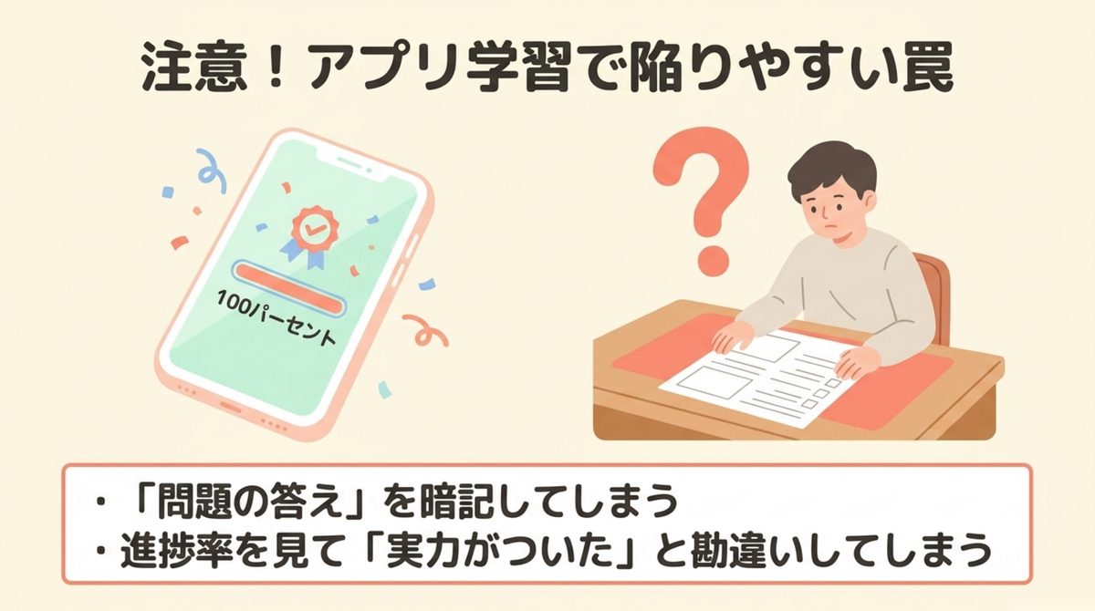 簿記3級のアプリ学習で問題の答えを暗記してしまう罠と進捗率だけで実力がついたと勘違いする罠を示す注意図解