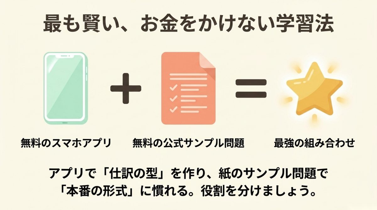 無料のスマホアプリと無料の公式サンプル問題を組み合わせることが最もお金をかけない簿記3級の学習法であることを示す図解
