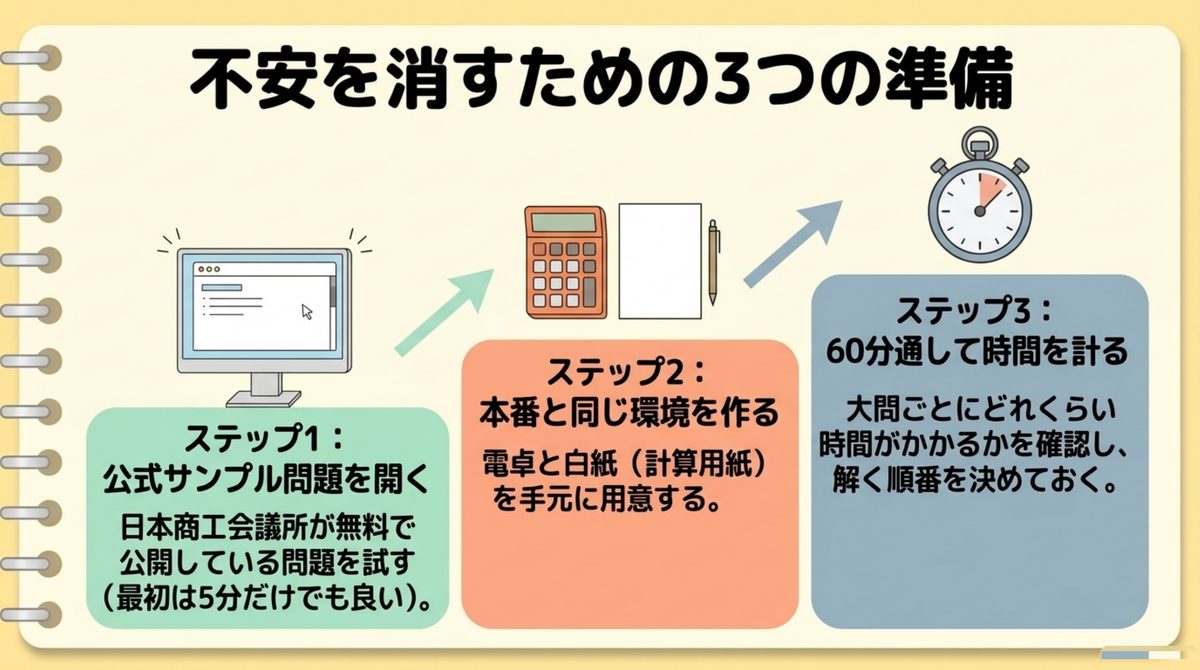 簿記3級 ネット試験 3つの準備 簿記3級ネット試験の不安を消す3ステップ。公式サンプル問題を開く・本番と同じ環境を作る・60分通して時間を計るを示した図解