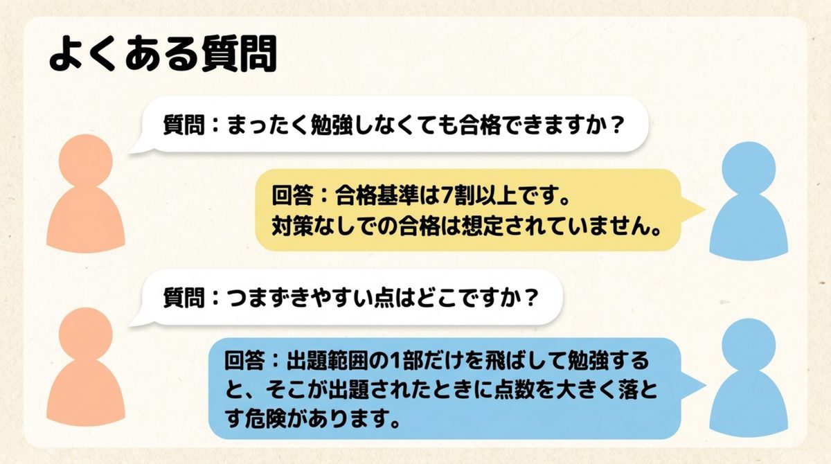 簿記3級のよくある質問（対策なしでの合格・つまずきやすい点）をまとめた図解